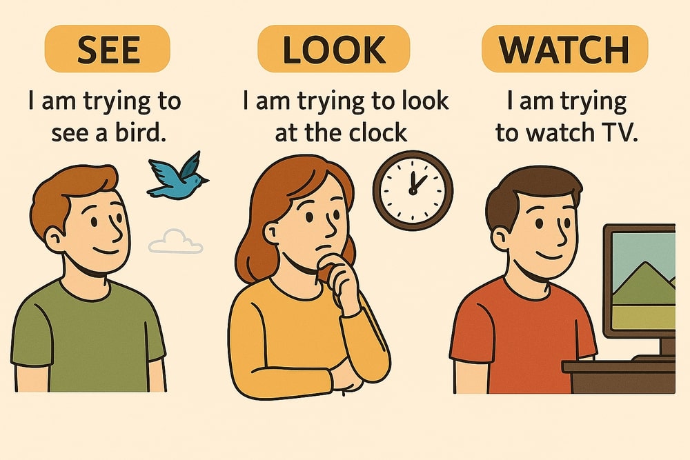 Глаголы see, look, watch: разница в употреблении Глаголы see, look, watch: разница в употреблении
